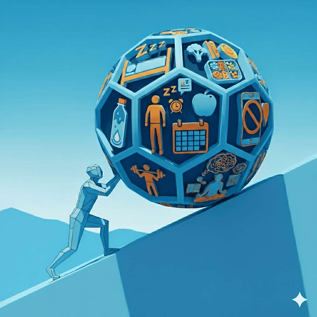 A person celebrating on top of a large boulder, representing the successful building of habits.